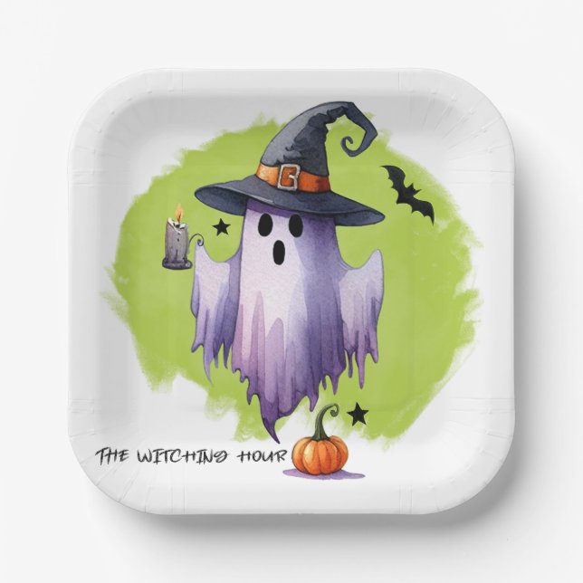 HALLOWEEN Ghost With A Witch Hat And A Pumpkin Paper Plate (Front)
