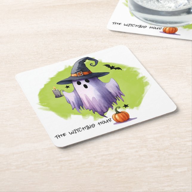 HALLOWEEN Ghost With A Witch Hat And A Pumpkin Square Paper Coaster (Angled)