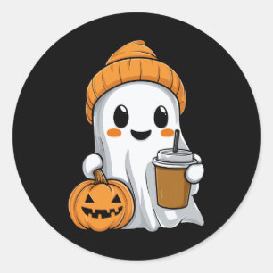 Halloween Ghost With Funny Iced Coffee Pumpkin Ora Classic Round Sticker