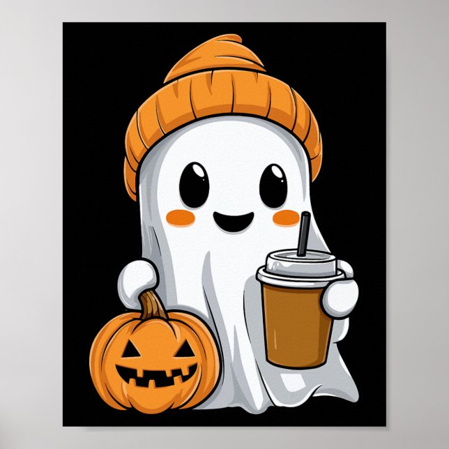 Halloween Ghost With Funny Iced Coffee Pumpkin Ora Poster (Front)