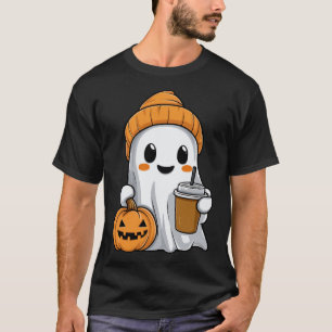 Halloween Ghost With Funny Iced Coffee Pumpkin Ora T-Shirt