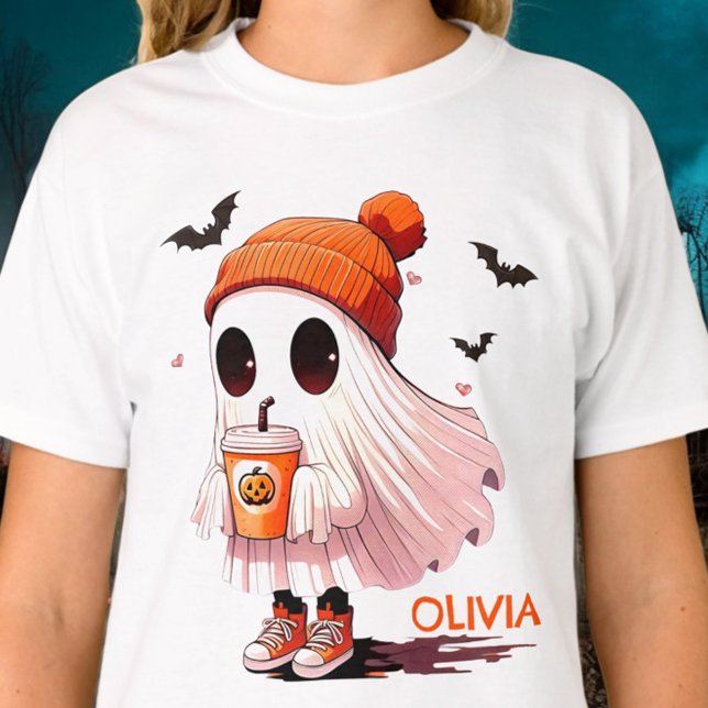 Halloween Ghost WIth Hat Drink Bats Cute Fall T-Shirt (Creator Uploaded)