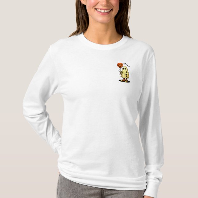 Halloween Ghost with Pumpkin Balloon T-Shirt (Front)
