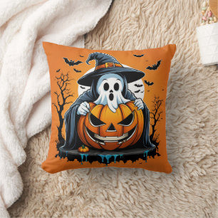 Halloween ghost with pumpkin under a spooky sky cushion