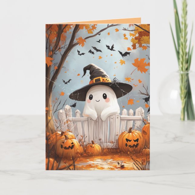 Halloween Ghost with pumpkins Holiday Card (Front)