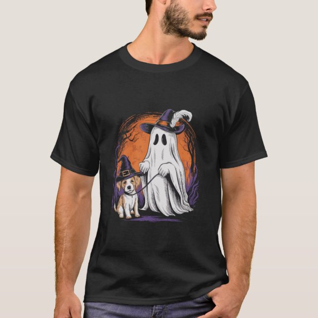 Halloween Ghost with Puppy Halloween Costume T Shi T-Shirt (Front)