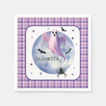 HALLOWEEN Ghost With Spider Purple Gingham Pattern