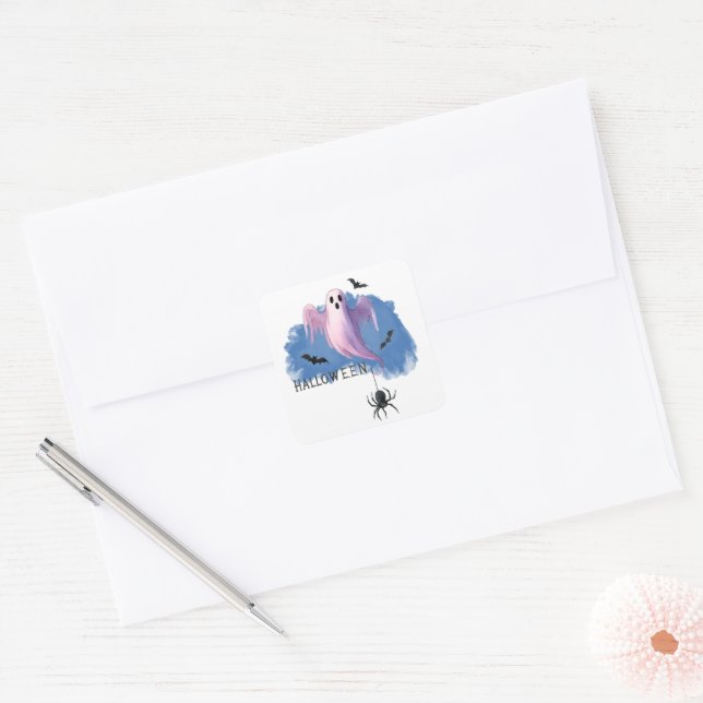 HALLOWEEN Ghost With Spider Square Sticker (Envelope)