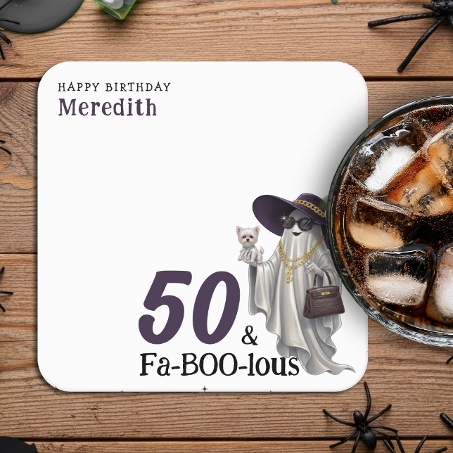Halloween Ghost Women's Fabulous 50th Birthday Square Paper Coaster (Creator Uploaded)