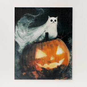Halloween GhostCat and Jack o Lantern Jigsaw Puzzle
