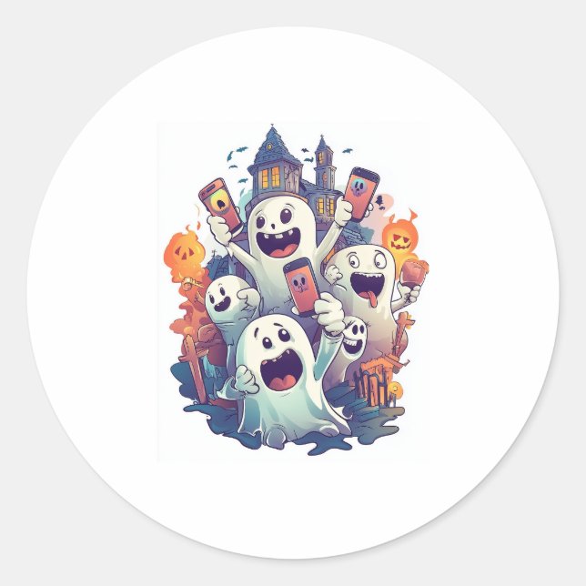 Halloween Ghostly Selfie Squad Classic Round Sticker (Front)