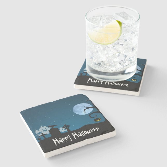 Halloween Ghosts at Graveyard Stone Coaster (Side)