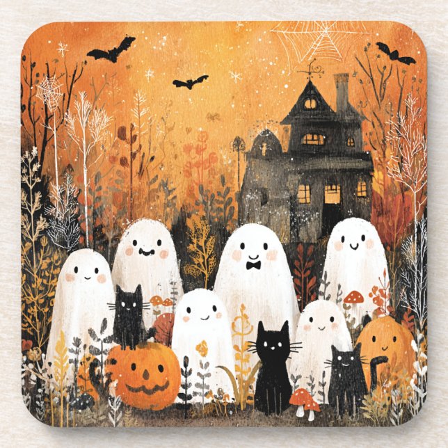 Halloween ghosts, black cats and bats, coaster (Front)
