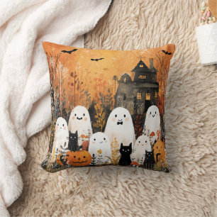 Halloween ghosts, black cats and bats, cushion