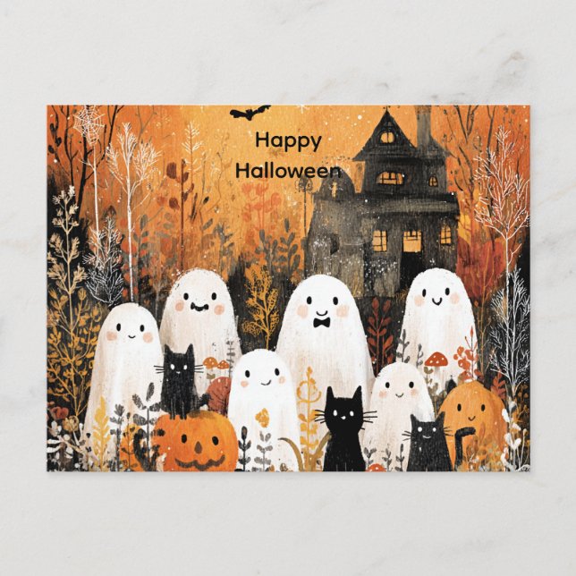 Halloween ghosts, black cats and bats, holiday postcard (Front)
