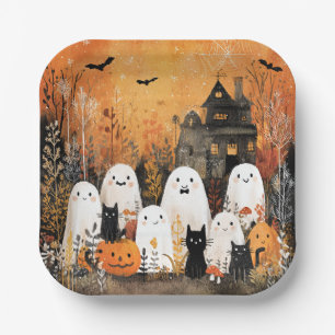 Halloween ghosts, black cats and bats, paper plate
