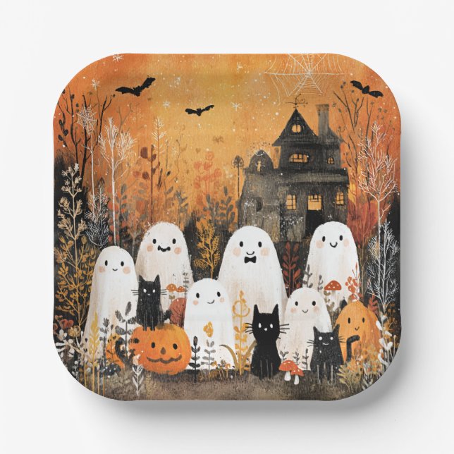 Halloween ghosts, black cats and bats, paper plate (Front)
