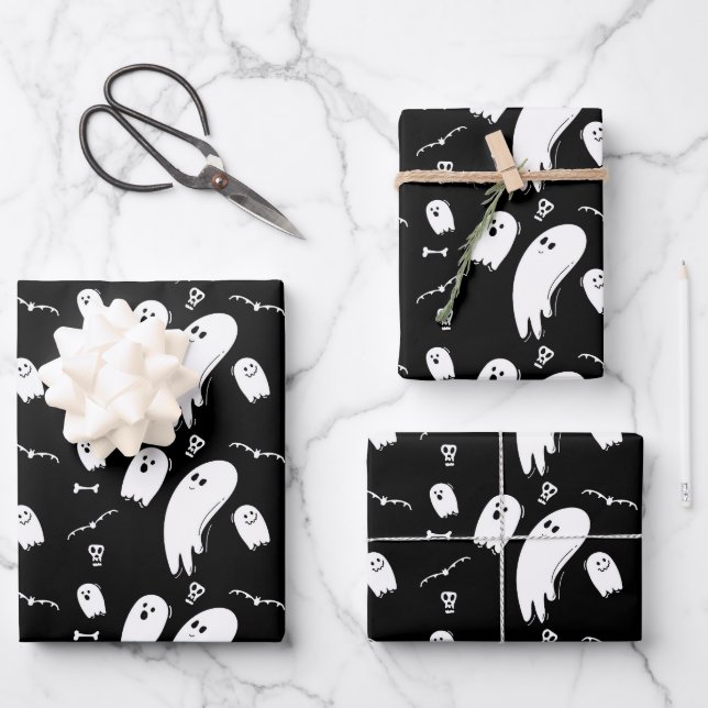 Halloween Ghosts Black White Wrapping Paper Sheet (Front)
