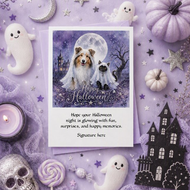 Halloween Ghosts Collie & Cat Spooky Greeting  Card (Creator Uploaded)