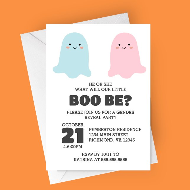 Halloween Ghosts Gender Reveal Party Invitation (Little Boo Bee Halloween Ghost Themed Gender Reveal Party Invitation)