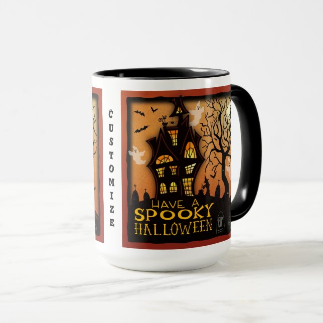 Halloween Ghosts Haunted House Bats Customisable Mug (Front Right)