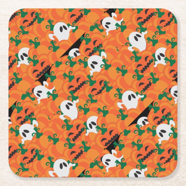 Halloween Ghosts Haunted Pumpkin Patch Square Paper Coaster (Front)