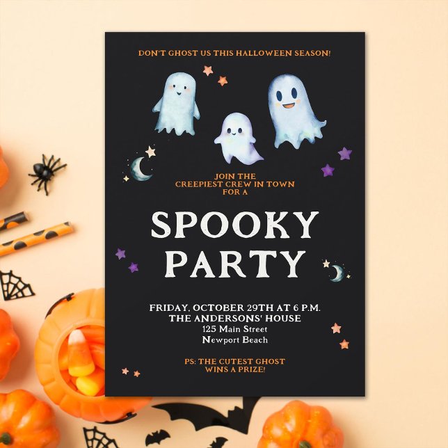 Halloween Ghosts Moon Stars Family Home Party Fun Invitation (Halloween family home party invitation cute ghosts black orange purple spooky funny fun simple clean)
