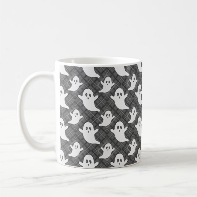 Halloween Ghosts on Black Plaid Coffee Mug (Left)