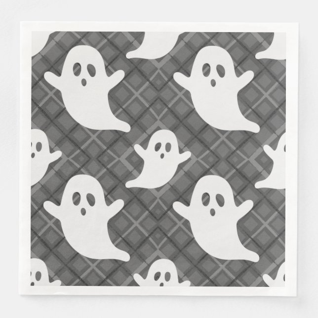 Halloween Ghosts on Black Plaid Napkin (Front)