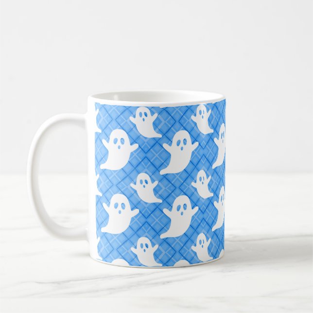 Halloween Ghosts on Blue Plaid Coffee Mug (Left)