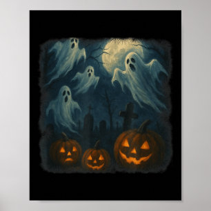 Halloween. Ghosts, Pumpkins And Graveyard!  Poster