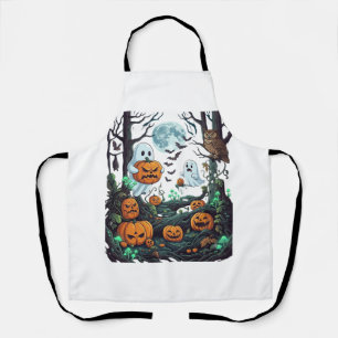 Halloween Ghosts Scary Pumpkins Owl Full Moon Bats Apron