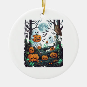 Halloween Ghosts Scary Pumpkins Owl Full Moon Bats Ceramic Tree Decoration