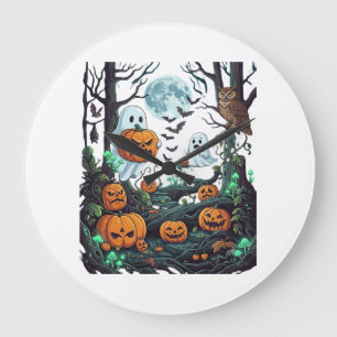 Halloween Ghosts Scary Pumpkins Owl Full Moon Bats Large Clock