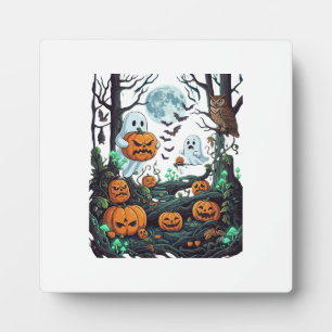 Halloween Ghosts Scary Pumpkins Owl Full Moon Bats Plaque