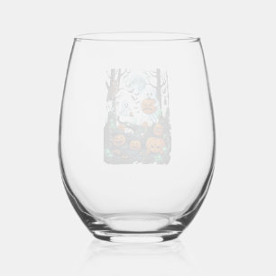 Halloween Ghosts Scary Pumpkins Owl Full Moon Bats Stemless Wine Glass