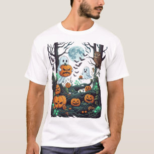 Halloween Ghosts Scary Pumpkins Owl Full Moon Bats T-Shirt