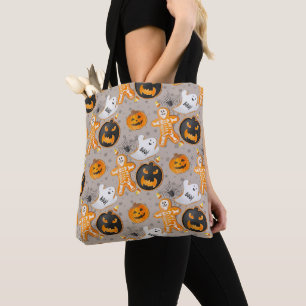 HALLOWEEN GHOSTS SKELETONS PUMPKINS ORANGE BLACK TOTE BAG