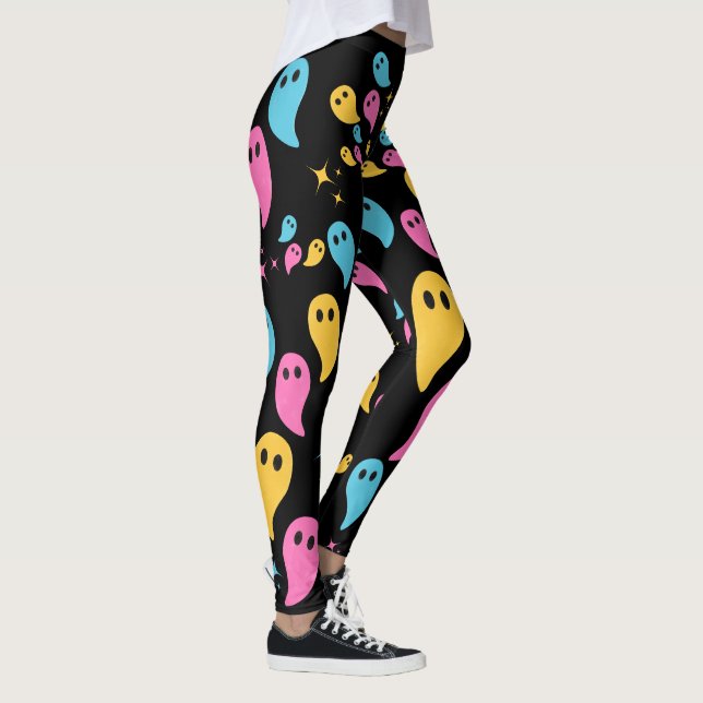 Halloween Ghosts Stars Black Bold Colourful Neon Leggings (Right)