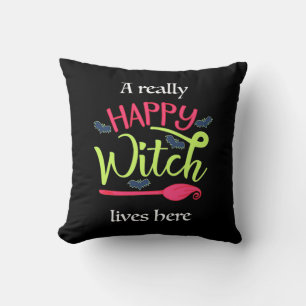 Halloween Gift   A Really Happy Witch Lives Here Cushion
