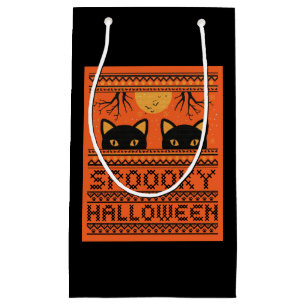 Halloween gift bag, black cats spooky orange print small gift bag