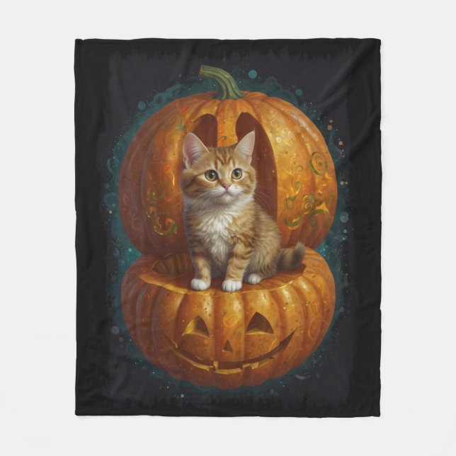 Halloween Ginger Tabby Kitten Living in a Pumpkin  Fleece Blanket (Front)