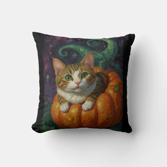 Halloween Ginger & White Kitten Riding a Pumpkin  Cushion (Front)