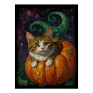 Halloween Ginger & White Kitten Riding a Pumpkin Poster