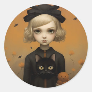 Halloween Girl and Cat Classic Round Sticker