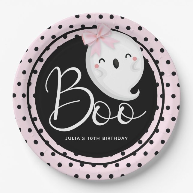Halloween Girl Birthday Pink Black Personalised Paper Plate (Front)