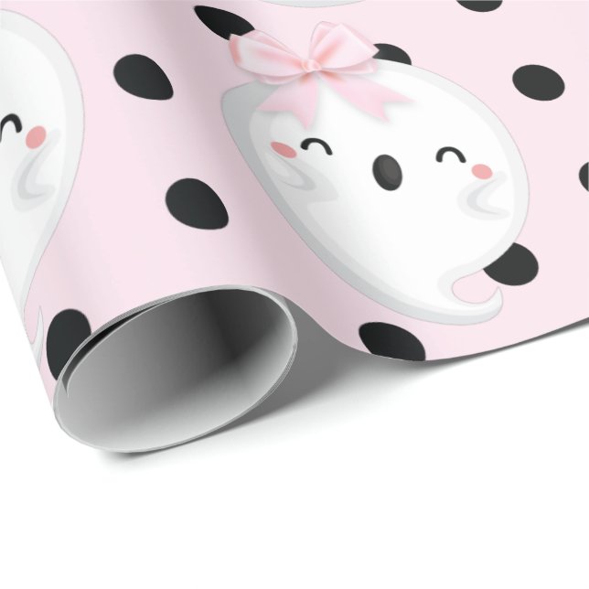 Halloween Girl Birthday Pink Black Polka dot Ghost Wrapping Paper (Roll Corner)
