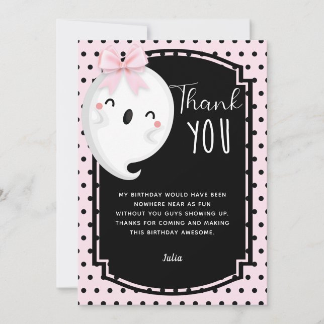 Halloween Girl Birthday Pink Black Polka dot Thank You Card (Front)