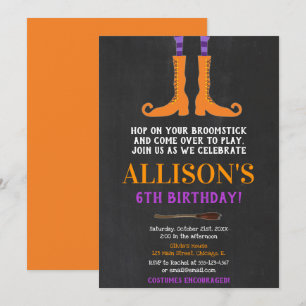 Halloween girl birthday, witch feet purple orange invitation