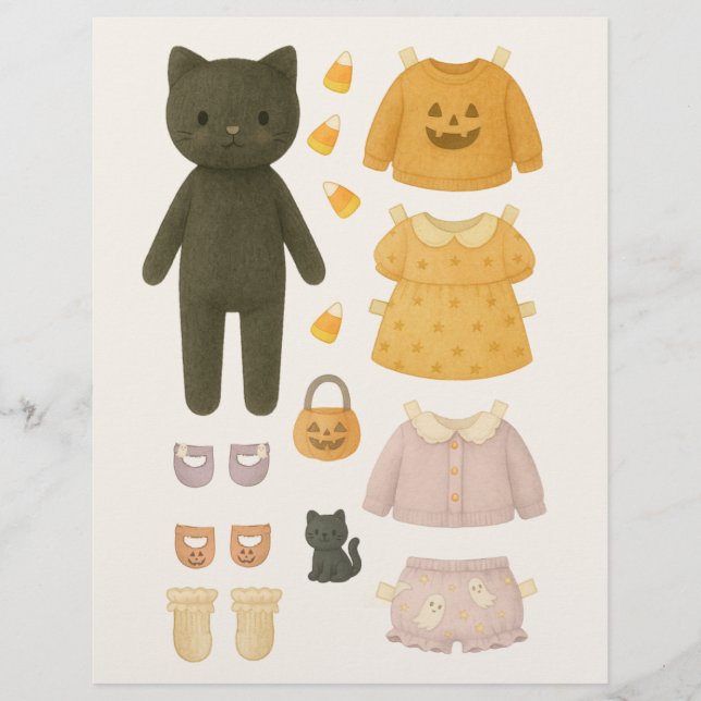 Halloween Girl Black Cat Watercolor Paper Doll (Front)